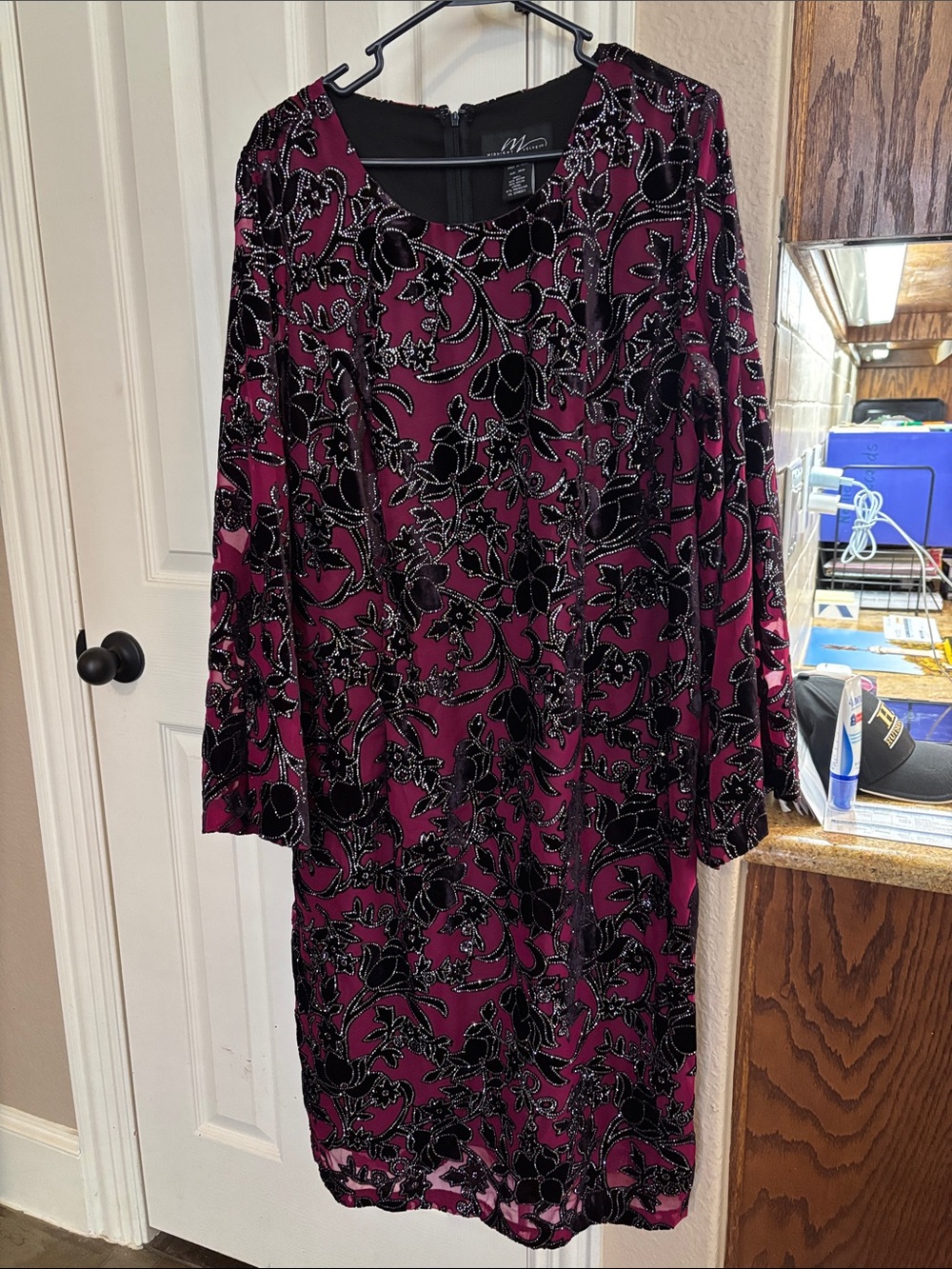 MIDNIGHT VELVET Burnout Velvet Floral Bell‑Sleeve Midi Dress Party Magenta 18W
